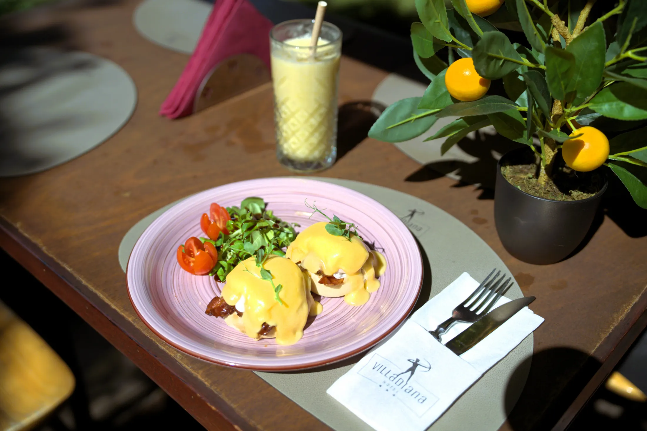 Eggs Benedict, poached eggs on bread and bacon topped with hollandaise sauce, Pizzeria Villa Diana, Lučac, Split