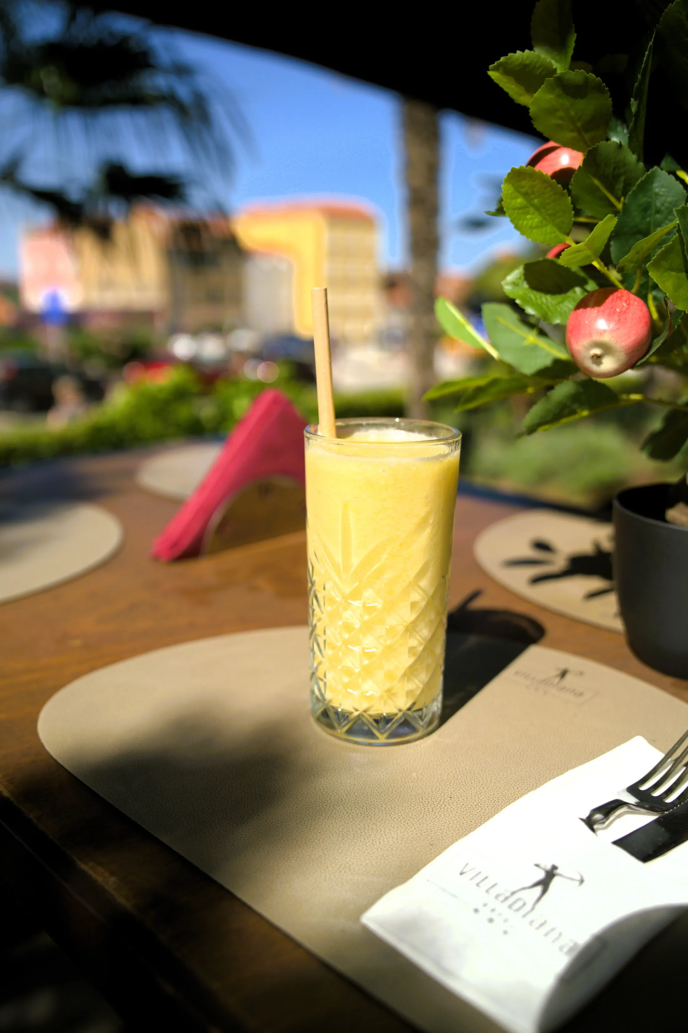 A smoothie in a cut-glass tumbler, on a table by the garden, Pizzeria Villa Diana, Lučac, Split