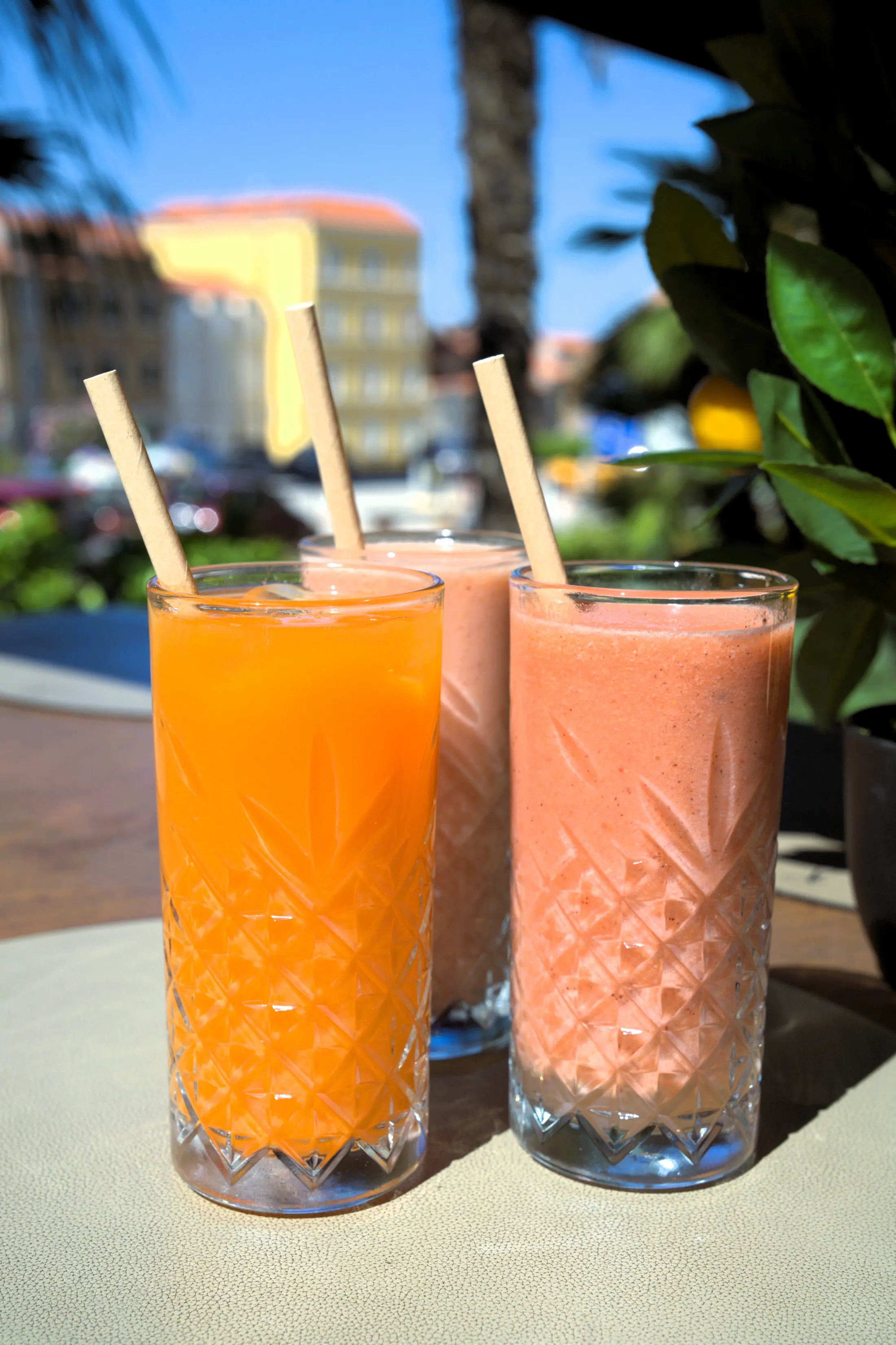 Three freshly squeezed juices and smoothies in the morning sun, Pizzeria Villa Diana, Lučac, Split