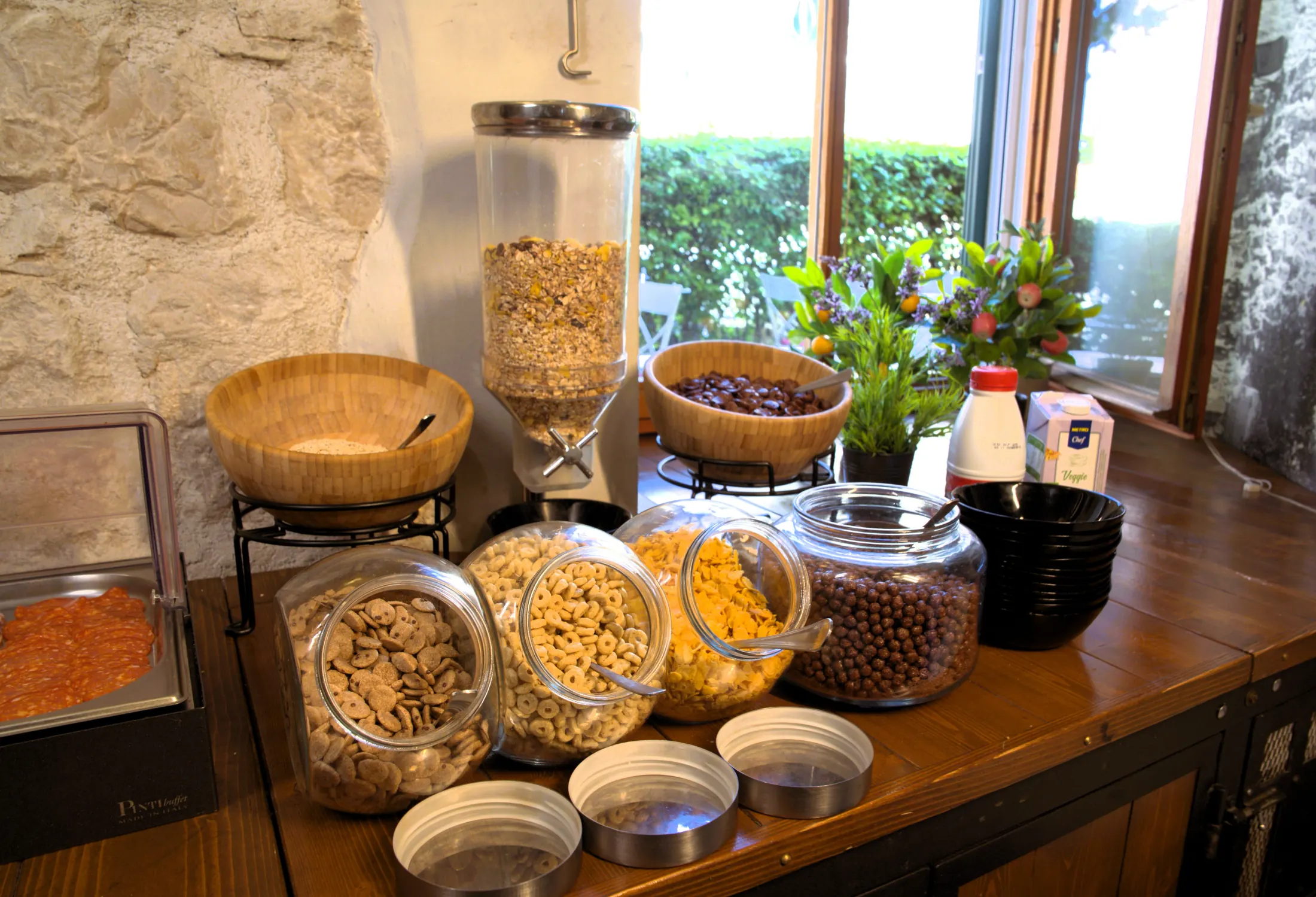 Cereals, muesli and yoghurt on the breakfast buffet, Pizzeria Villa Diana, Lučac, Split