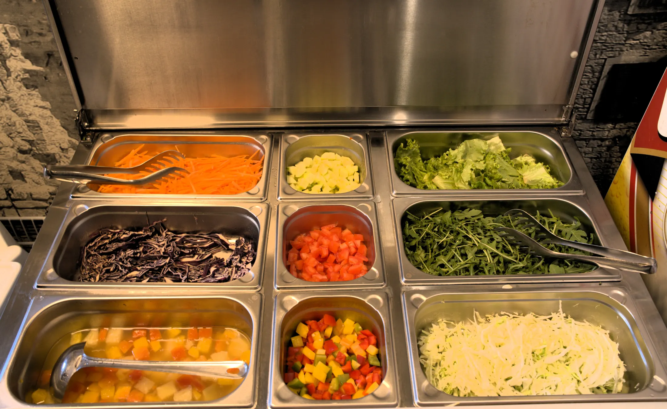 Fresh vegetables, fruit and salads in the cold section of the buffet, Pizzeria Villa Diana, Lučac, Split