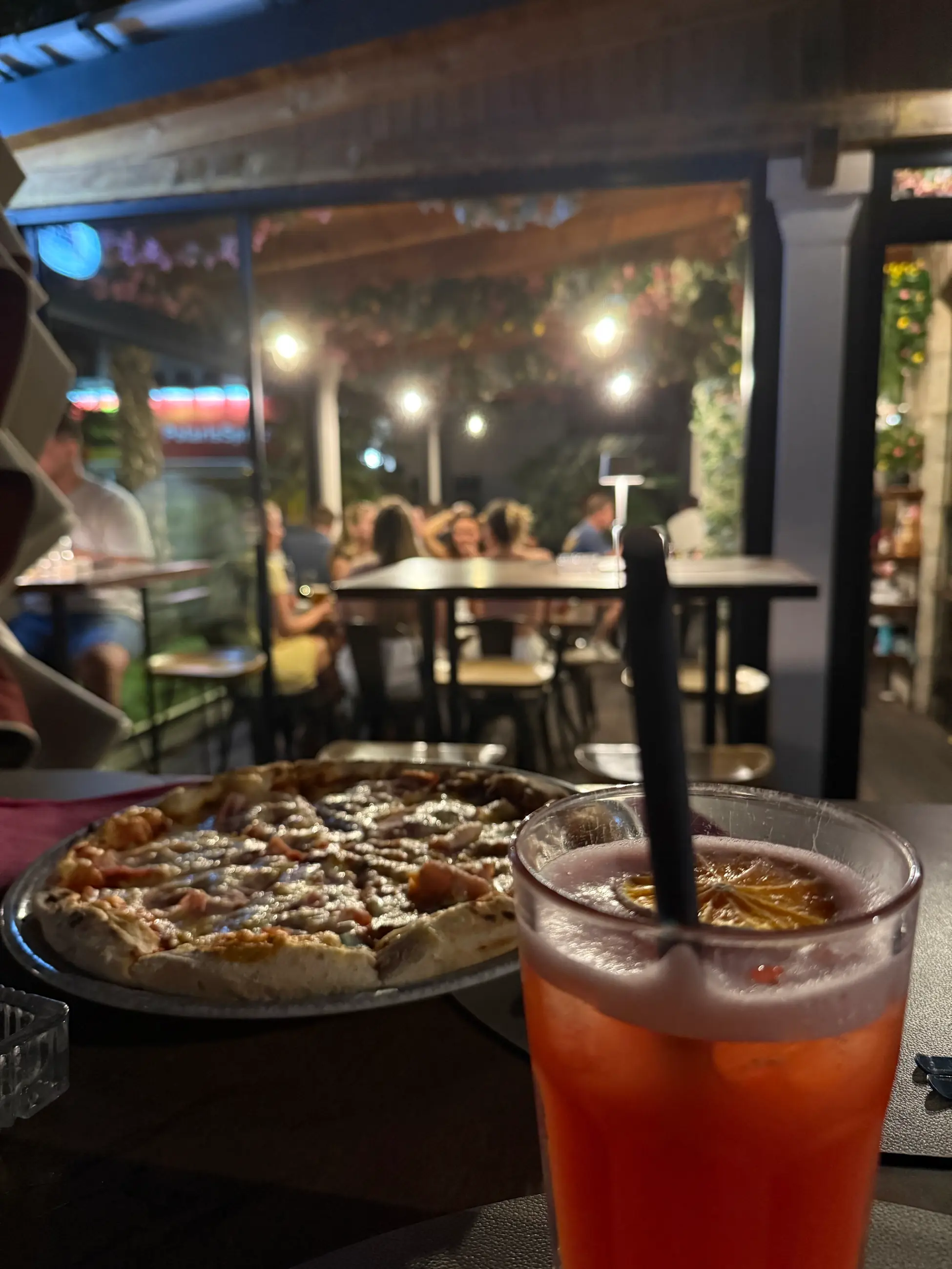 A pizza and a drink on a terrace table, in the evening, Pizzeria Villa Diana, Lučac, Split