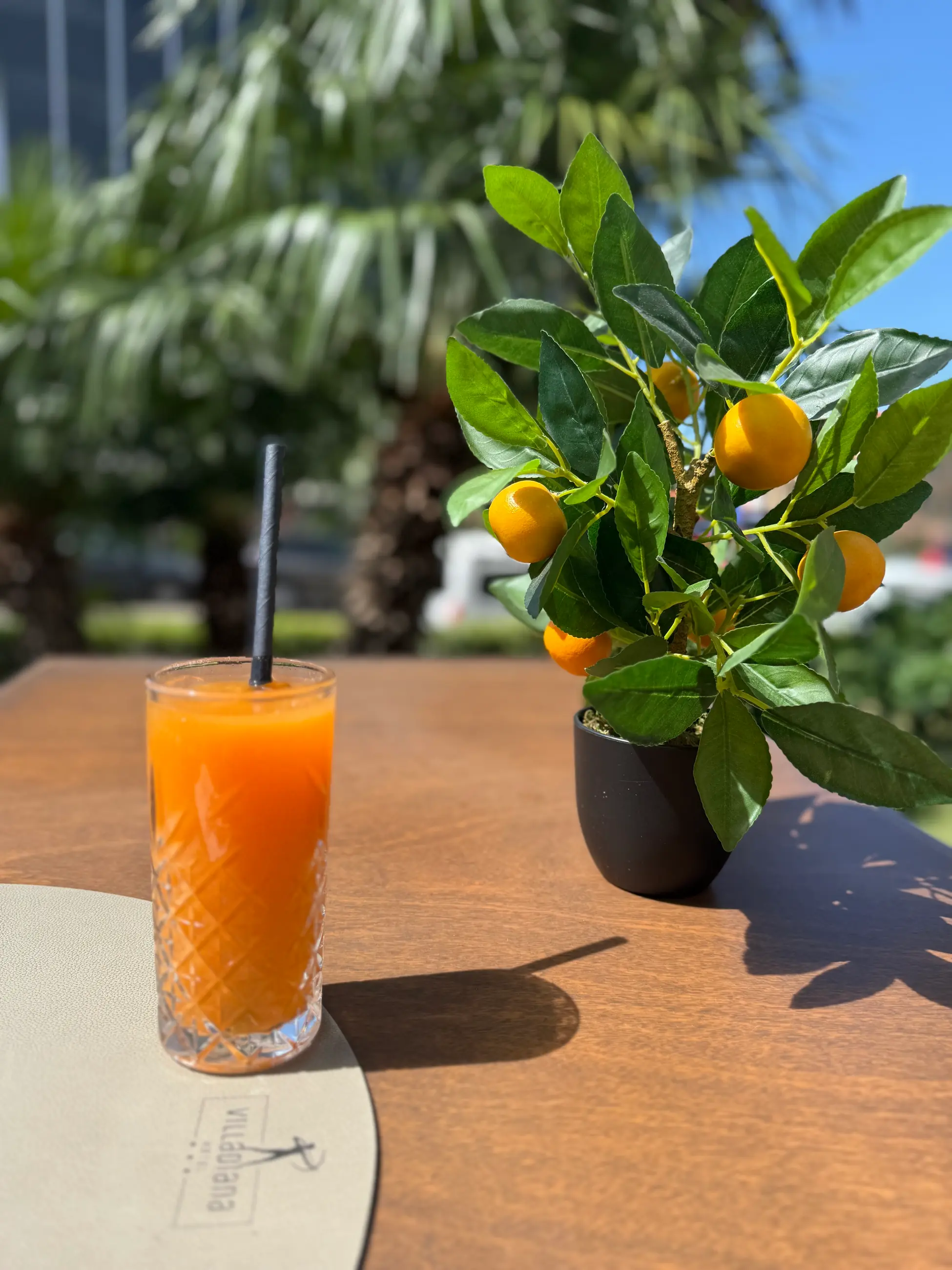 A glass of freshly squeezed juice on a table in the garden, Pizzeria Villa Diana, Lučac, Split