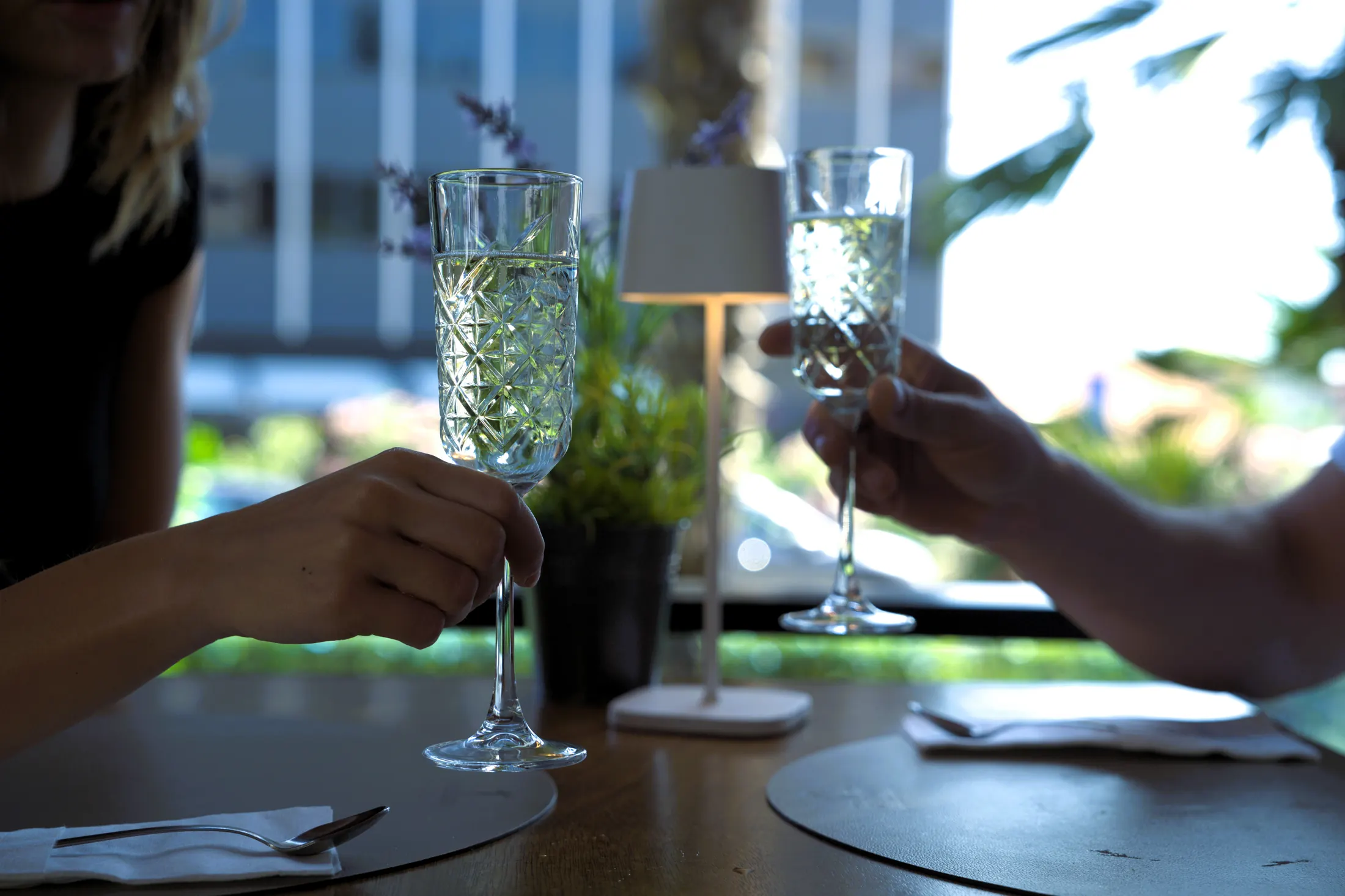 Two guests raise a toast by the window onto the garden, Pizzeria Villa Diana, Lučac, Split