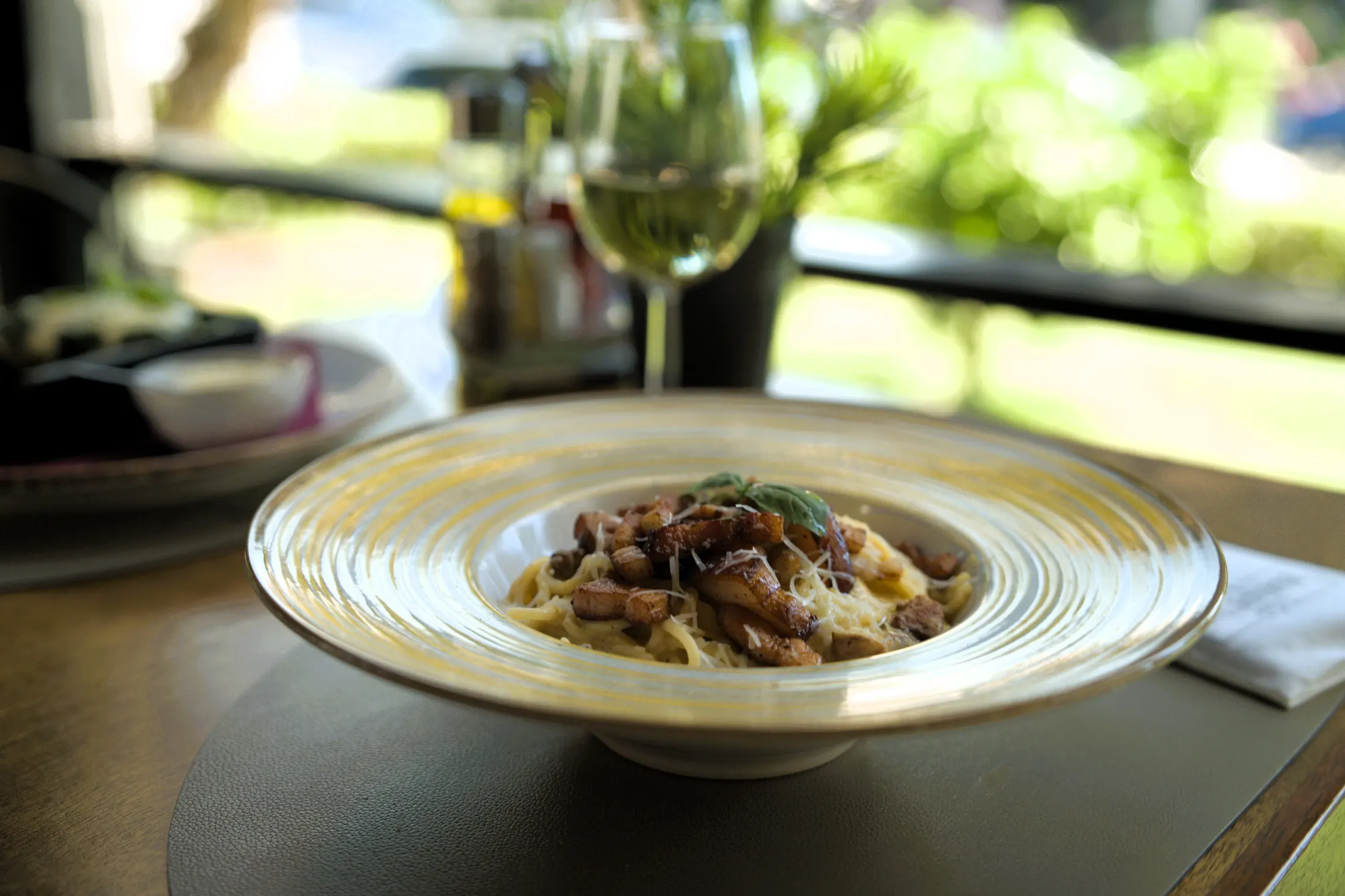 Pasta with mushrooms and parmesan, with a glass of white wine, Pizzeria Villa Diana, Lučac, Split