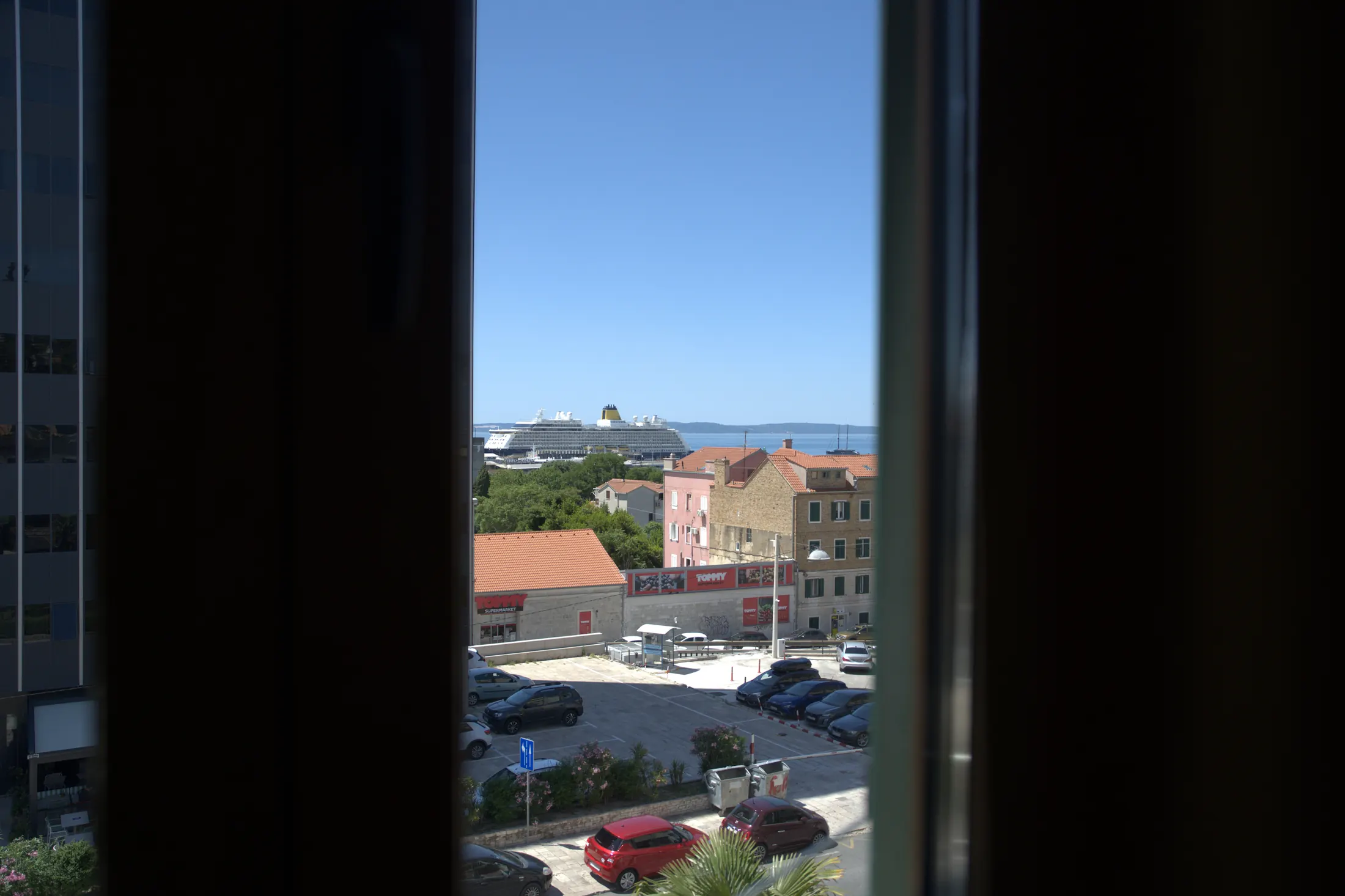 The view from the window towards the sea and the ferry port, Hotel Villa Diana, Lučac, Split
