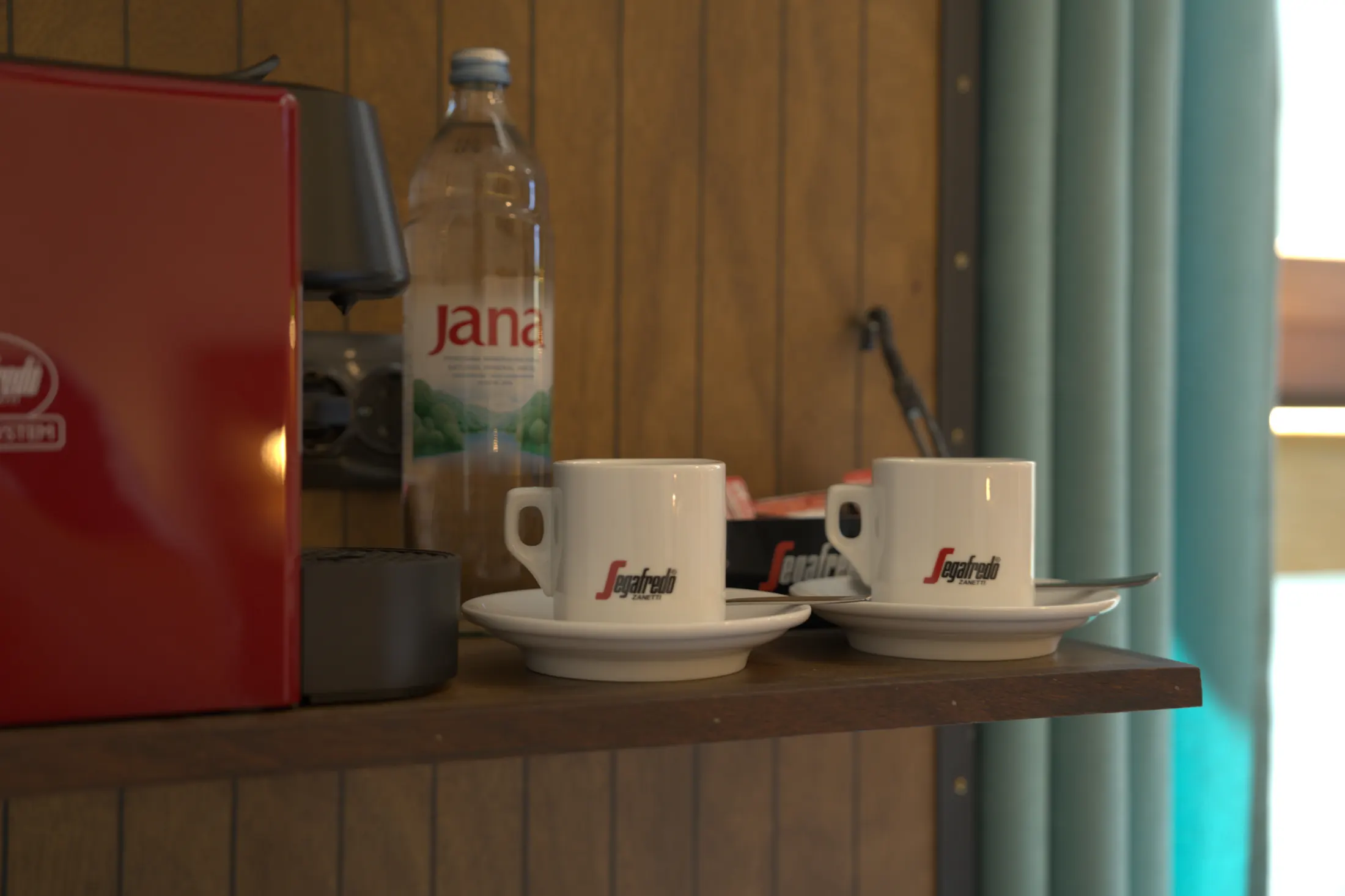 A coffee machine, cups and water in the room, Hotel Villa Diana, Lučac, Split