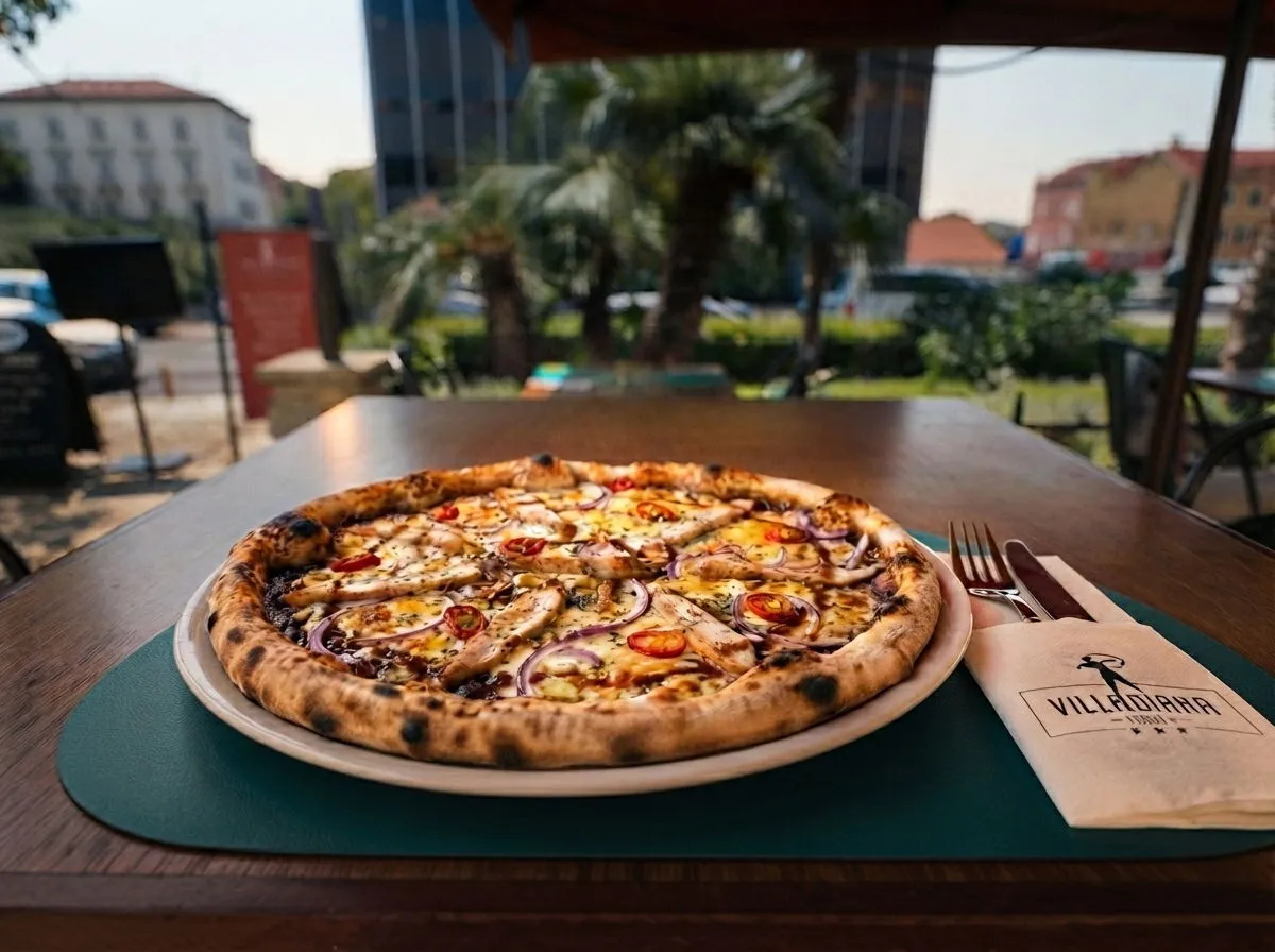 BBQ Chicken pizza, BBQ umak, piletina, mozzarella, gouda, ljubičasti luk, chilli, origano, Pizzeria Villa Diana, Lučac, Split