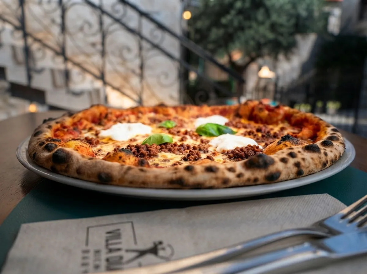 Pizza Bolognese, umak od rajčice, sir, mljeveno meso, stracciatella di bufala, bosiljak, Pizzeria Villa Diana, Lučac, Split