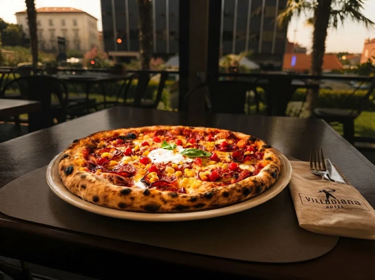 Pizza Spicy, umak od rajčice, sir, kulen, feferoni, luk, kukuruz, Pizzeria Villa Diana, Lučac, Split