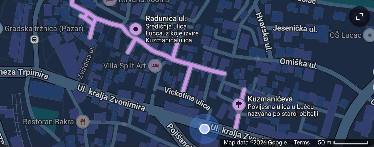 A map of Lučac showing Radunica and Kuzmanića street, Hotel Villa Diana, Lučac, Split